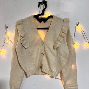 Cream Ruffle Collar Cropped Cardigan Sweater